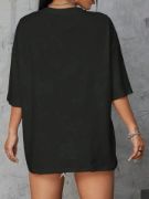 Baskılı Oversize Bisiklet Yaka T-shirt - Siyah resmi